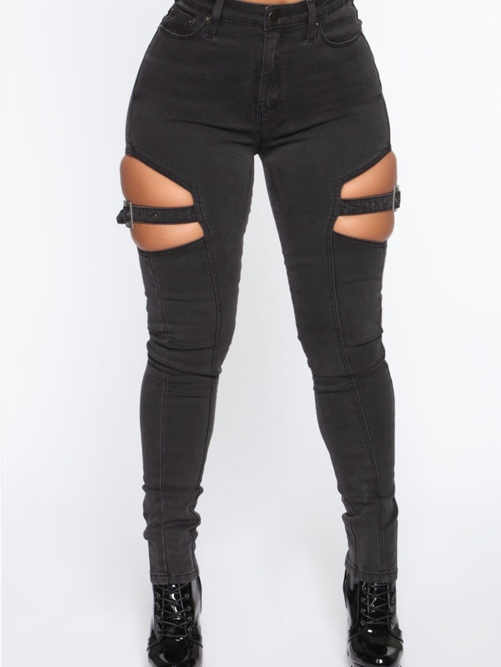 Fashion Nova Black High-Waist Straight Leg Jeans with Thigh Cutouts